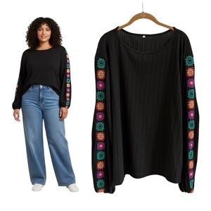 Women's Boho Ribbed Crochet Sleeve Top Colorful Black Plus 3X Sleeve Accents